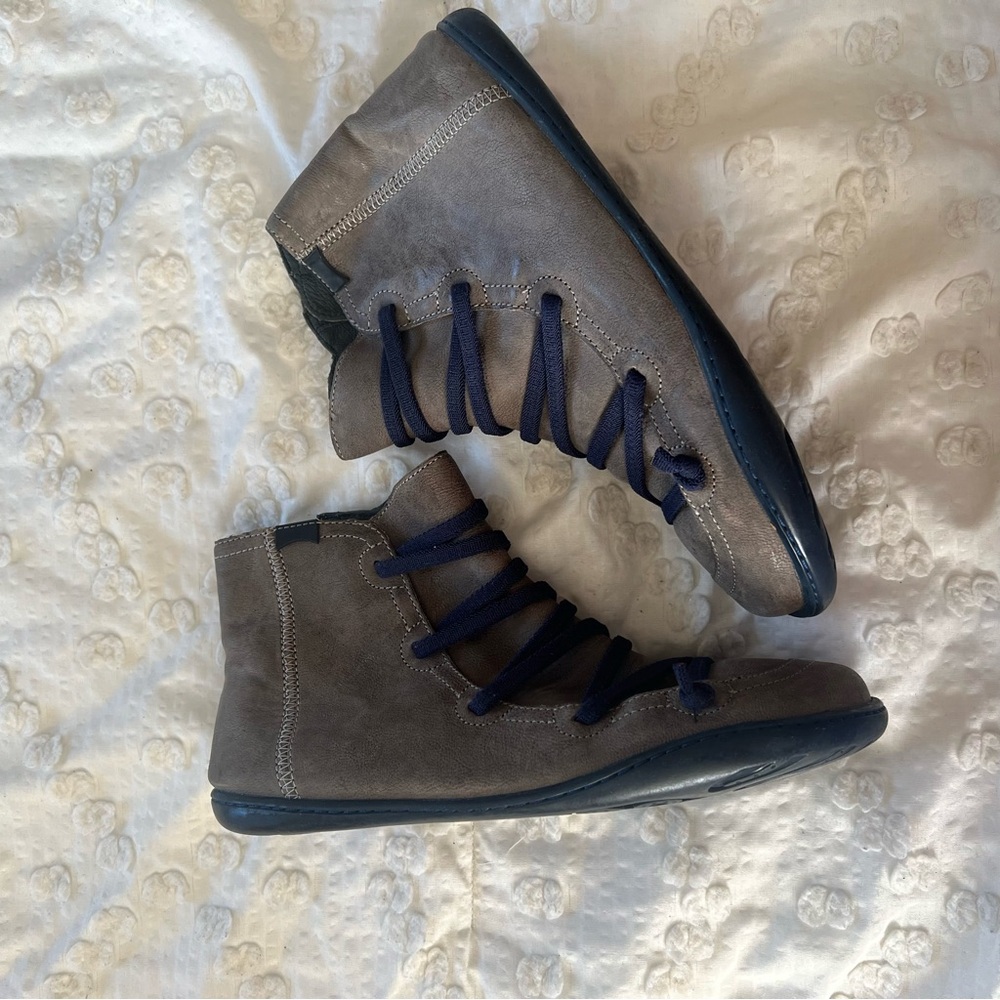 Camper Gray Suede Peu Boots with Navy Laces